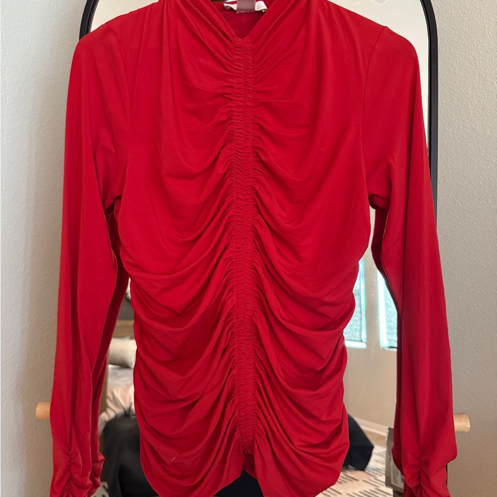 Rach Parcell Elegant Red Ruched Women's Top